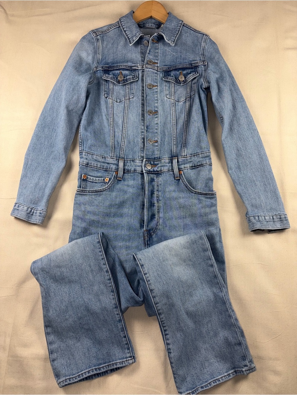 Levi's Women's Denim Kick Flare Jumpsuit Small Blue Long Sleeve Coveralls Jeans